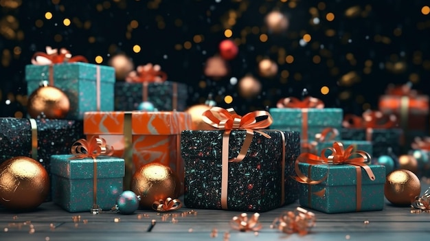 Fondo navideño con decoraciones y cajas de regalos