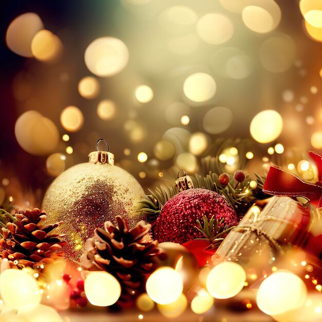 Fondo navideño con decoraciones y luces bokeh