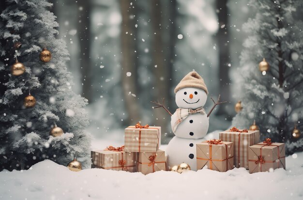 Fondo navideño con decoraciones y regalos de pino