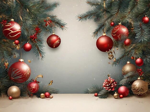 Fondo navideño decorativo con ramas de pino y adornos colgantes