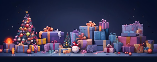 Fondo navideño de dibujos animados con regalos, muchos artículos diferentes en el fondo de la sala de pared generado por AI