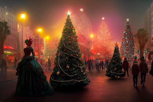 Fondo navideño y diseño navideño Los Ángeles 2023 Árbol de Navidad Ilustración navideña para un