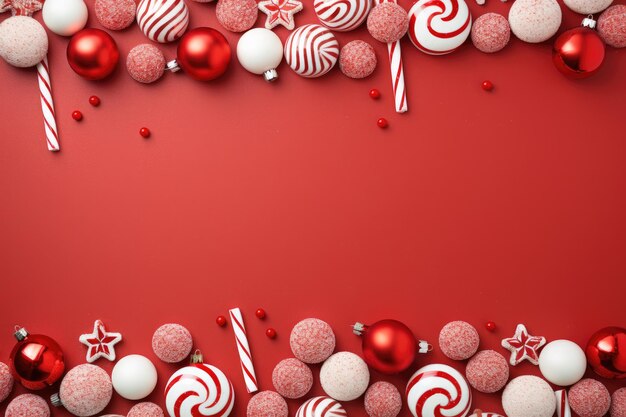 Fondo navideño festivo con caña de caramelo y bolas al estilo de la IA generativa roja