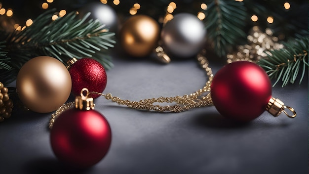 Fondo navideño con guirnaldas de bolas rojas y doradas y ramas de abeto