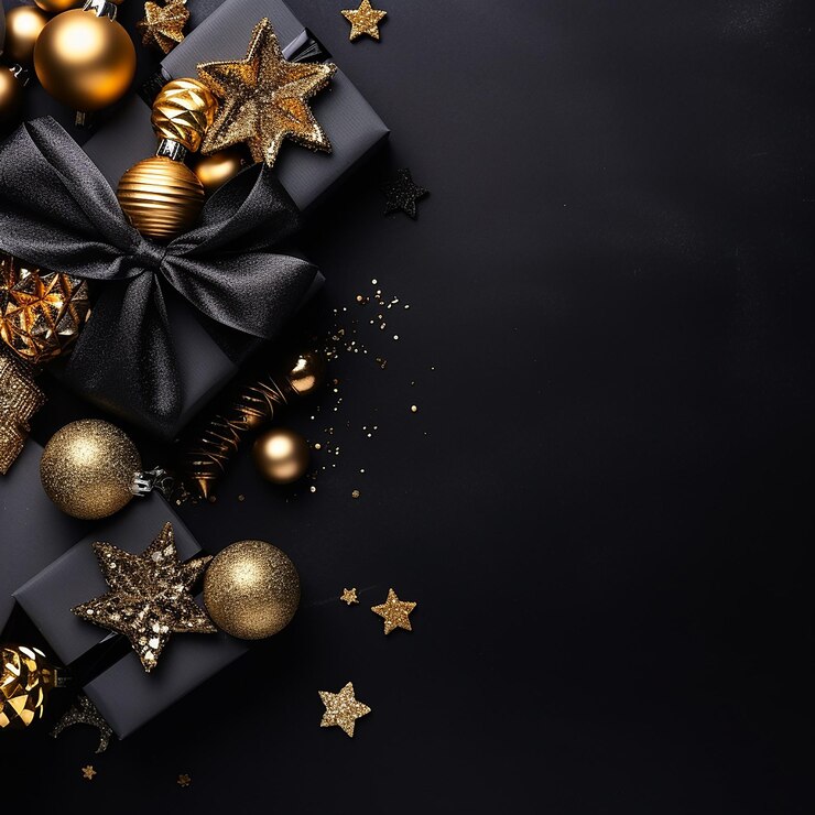 Un fondo navideño hecho de negro y dorado con el negro como color principal con IA generativa