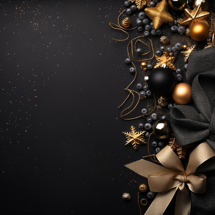 Un fondo navideño hecho de negro y dorado con el negro como color principal con IA generativa