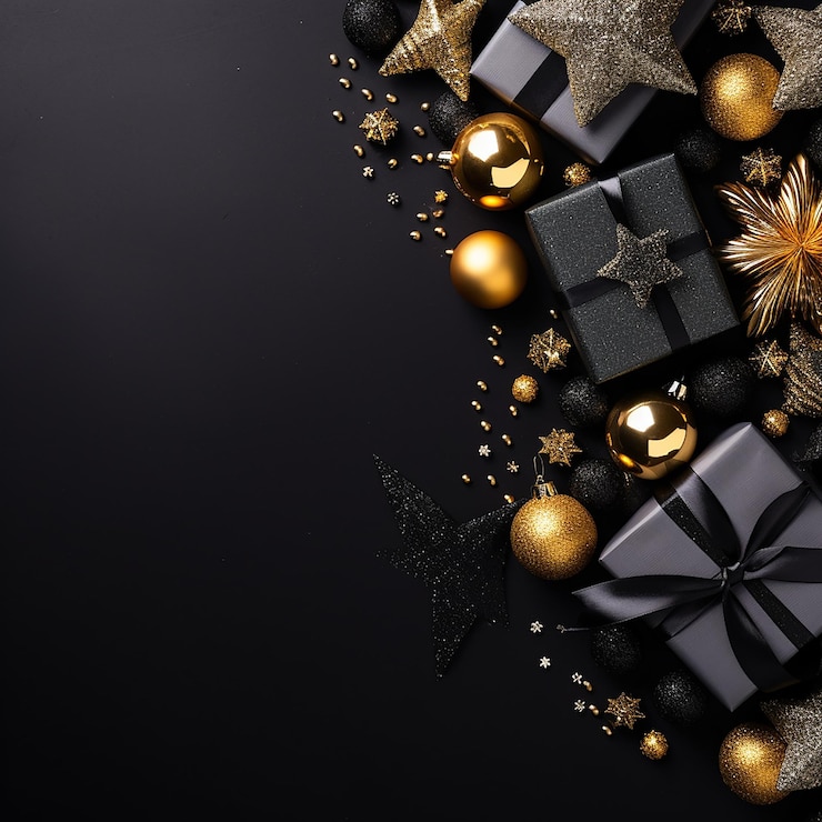 Un fondo navideño hecho de negro y dorado con el negro como color principal con IA generativa