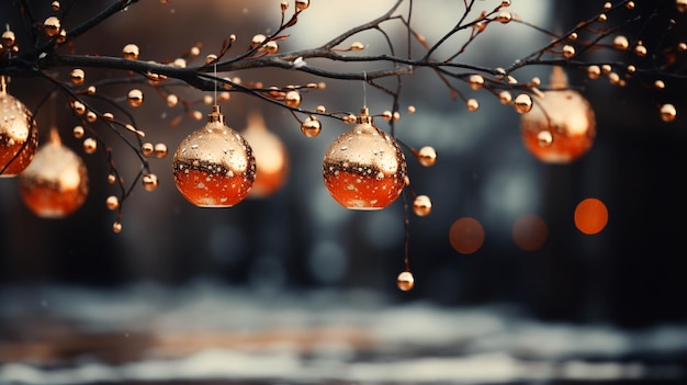 Fondo navideño con hermosas decoraciones y ramas de árboles.