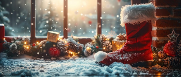 Un fondo navideño interior con la bota y la bolsa de Papá Noel39 que lleva regalos y una guirnalda decorativa en la pared de ladrillo Un concepto para las vacaciones de invierno de Año Nuevo39