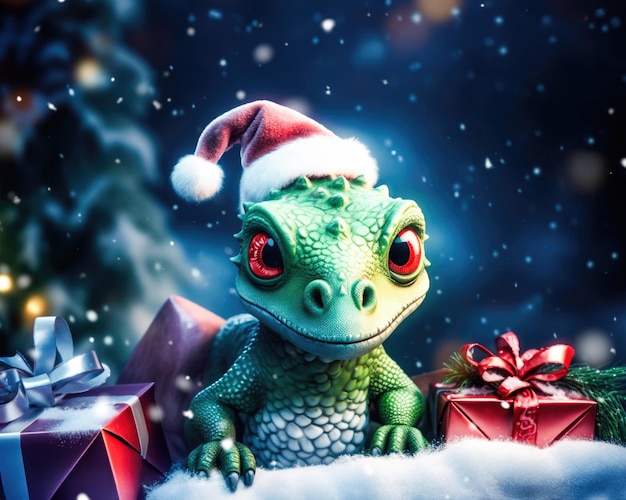 Fondo navideño con lindo dragón verde con gorro de Papá Noel y cajas de regalo