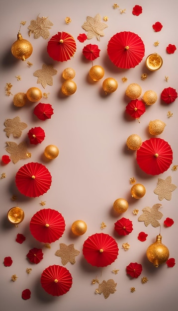 Foto fondo navideño con linternas de papel rojo confeti y estrellas doradas