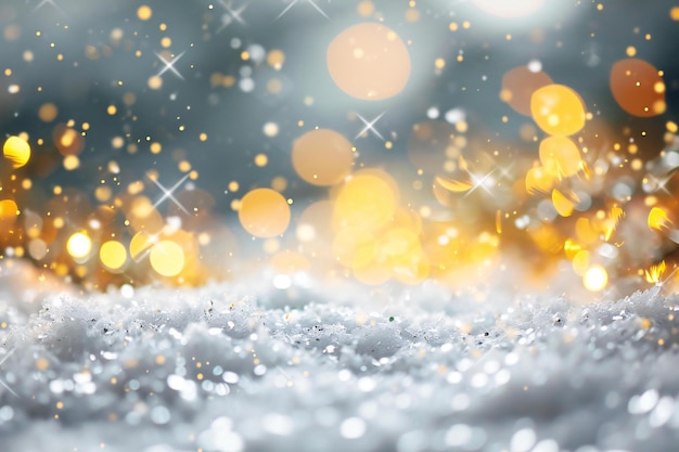 Fondo navideño con luces bokeh de nieve y copos de nieve