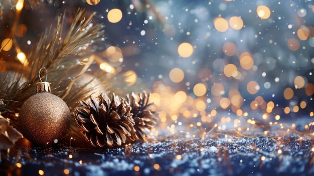 Fondo navideño con luces bokeh ramas de abeto y bolas doradas
