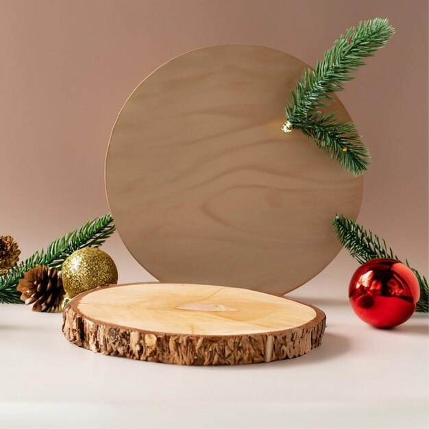 Fondo navideño mínimo con un podio para la presentación de un producto con una decoración festiva