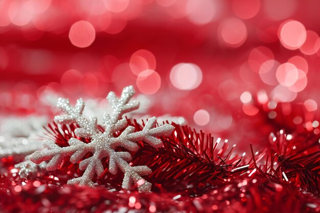 Foto fondo navideño con oropel rojo y copos de nieve blancos sobre fondo rojo