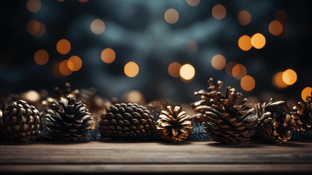 Fondo navideño con piñas y luces generadas por IA