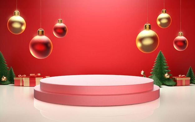 Foto fondo navideño con podio de bolas rojas y doradas, árboles de navidad y copos de nieve exhibición del producto atrás
