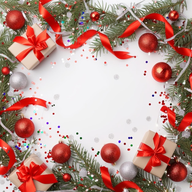Fondo navideño con ramas de abeto, adornos y regalos rojos y plateados.