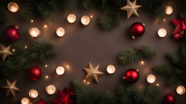 Fondo navideño con ramas de abeto, bolas rojas y doradas y luces de guirnaldas.