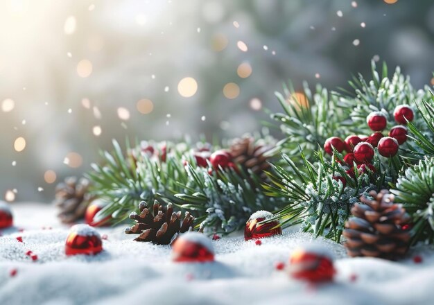 Foto fondo navideño con ramas de abeto, conos de pino y bayas rojas