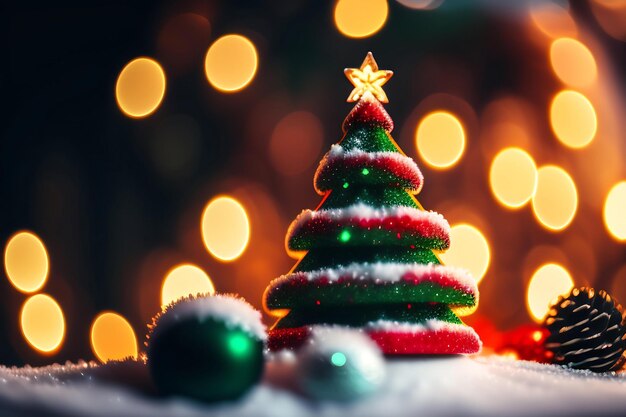 Fondo navideño con ramas de árboles de Navidad cubiertas de nieve y luces borrosas en la espalda