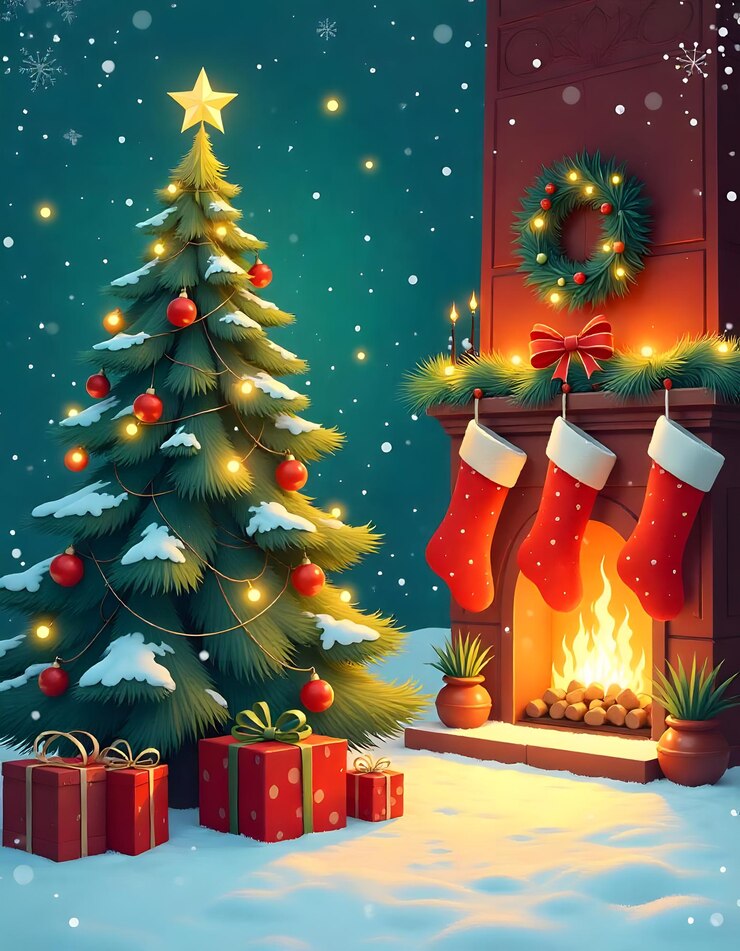 Fondo navideño con ramas de muérdago, piñones, bayas y copos de nieve
