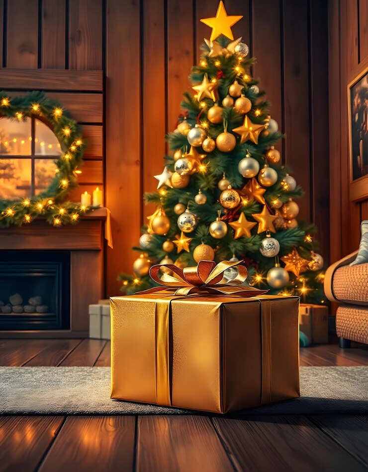 Fondo navideño con ramas de muérdago, piñones, bayas y copos de nieve