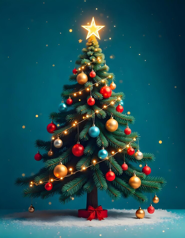Fondo navideño con ramas de muérdago, piñones, bayas y copos de nieve