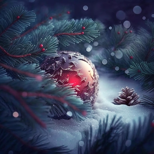 Fondo navideño realista con luces, festival de invierno, ramas de pino