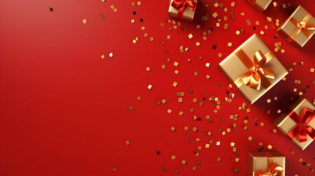 Foto fondo navideño rojo con regalos realistas y confeti dorado. foto de alta calidad.