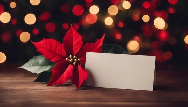 Foto fondo navideño con una tarjeta vacía y poinsettias