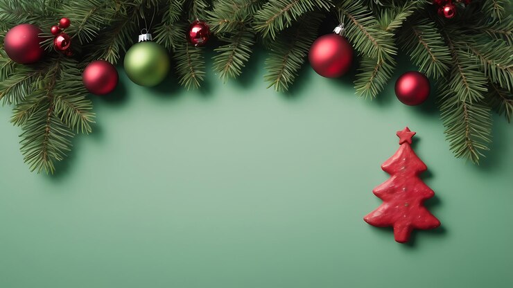 Fondo navideño verde oscuro con adornos y hojas de árbol con espacio para texto para promociones