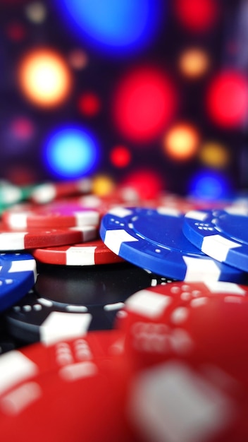 Foto fondo de negocios de casino de juegos con fichas de póquer multicolor cerrar con profundidad de campo