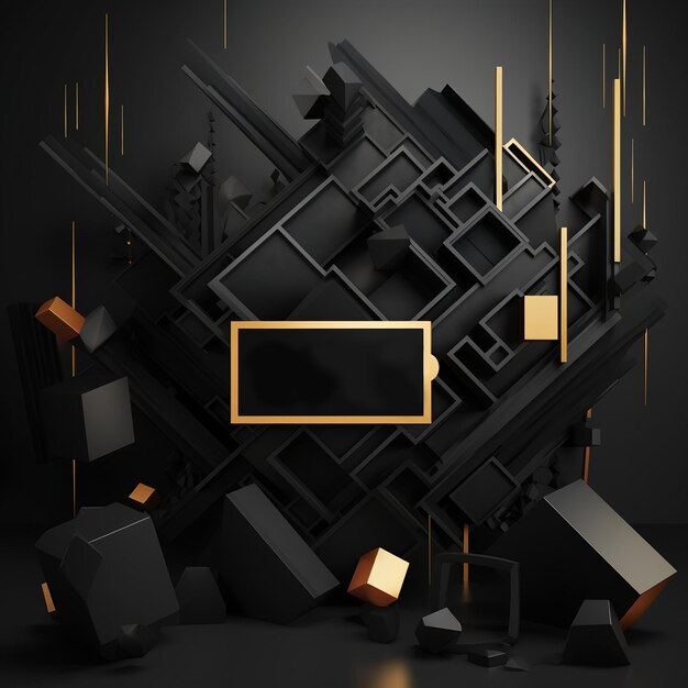 Fondo negro abstracto con formas geométricas y marco dorado