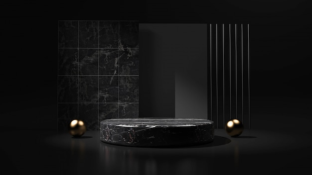 Fondo negro abstracto con podio de forma geométrica para el producto. Representación 3d