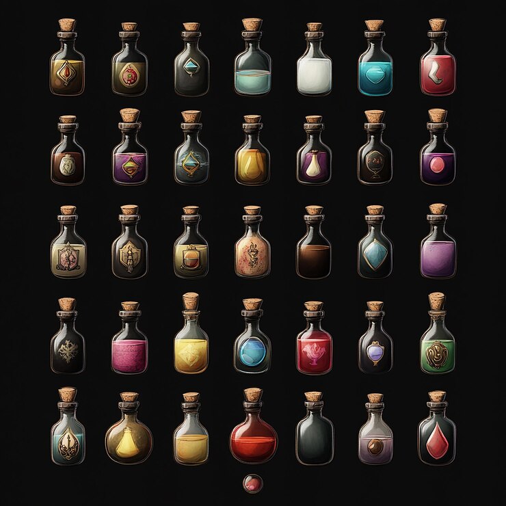 Foto un fondo negro con botellas de diferentes colores y formas