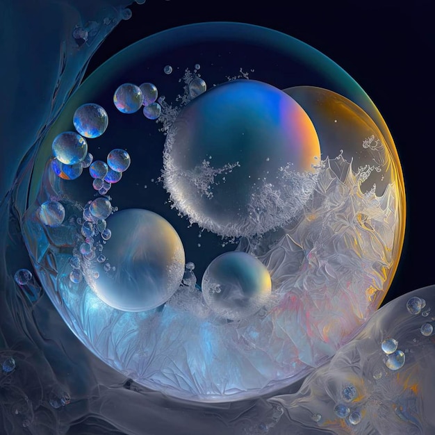 Un fondo negro con una burbuja azul y naranja y burbujas de agua.