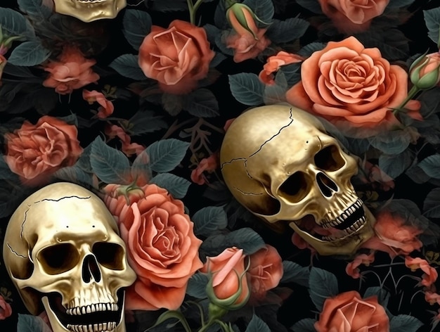 Un fondo negro con calaveras y rosas.