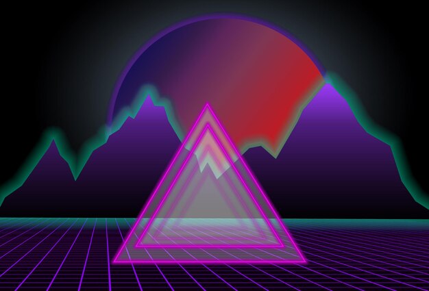 Fondo negro de ciencia ficción estilo S con puesta de sol roja detrás de montañas púrpuras y triángulo en medio de malos