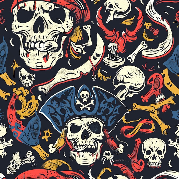 un fondo negro con un cráneo y huesos y un cráneo con un sombrero rojo