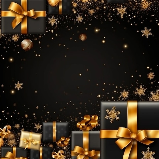 Fondo negro y dorado con una caja de regalo negra y una cinta dorada