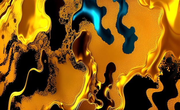 Un fondo negro y dorado con un líquido azul y dorado en el medio.