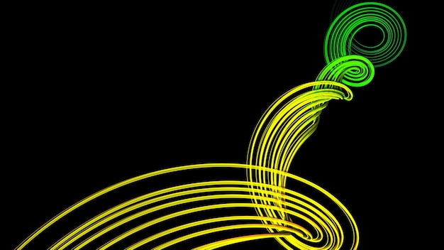 Fondo negro con espiral de color abstracto de onda amarilla sobre un fondo oscuro