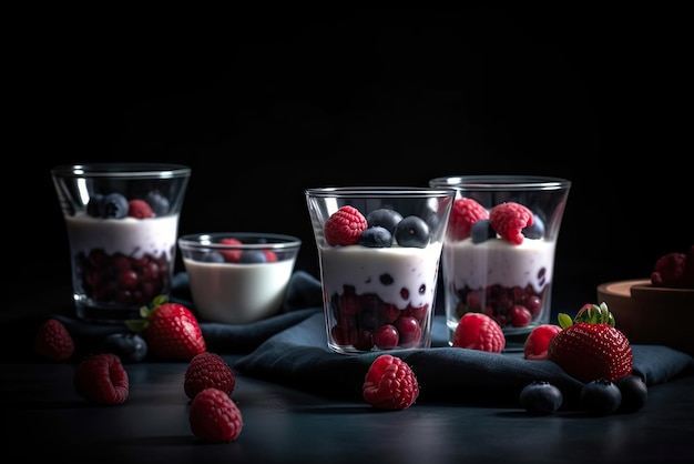 Un fondo negro con una fila de vasos de yogur con bayas.