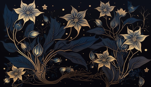 Un fondo negro con flores y estrellas.