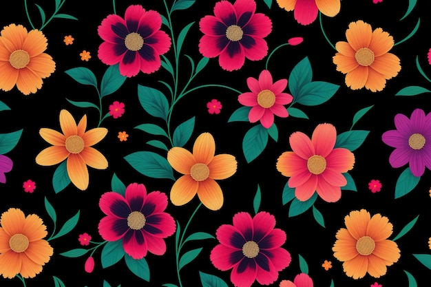 Un fondo negro con flores y hojas de colores.