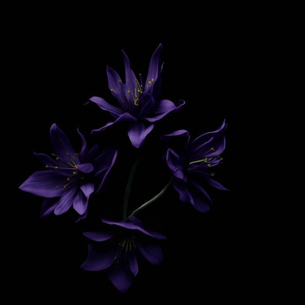 Un fondo negro con flores moradas y un reflejo del mismo.