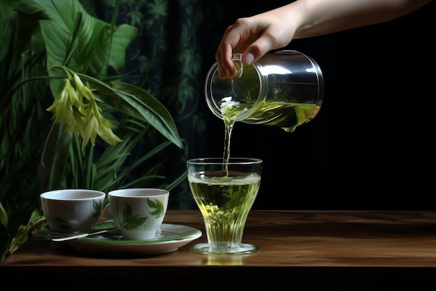 Fondo negro fresco naturaleza tradicional té vaso de agua bebida de hierbas verde tetera caliente