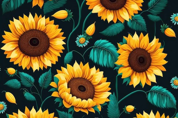 Un fondo negro con girasoles y hojas.