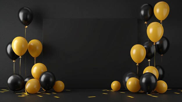 un fondo negro con globos amarillos y globos negros y amarillos